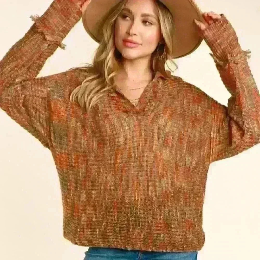 Fall Colored Fringe Detail Notch Neck Sweater‎